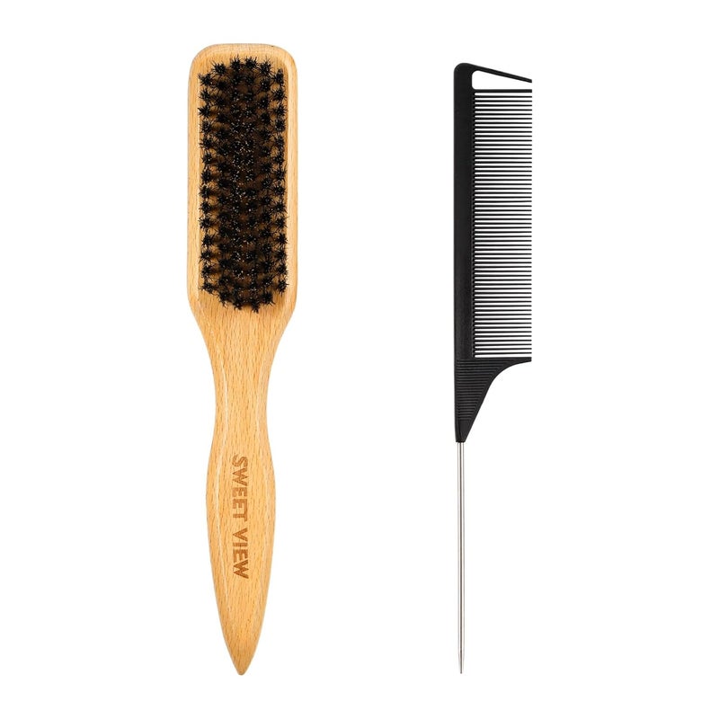 SWEET VIEW Boar Bristle Slick Back Hair Brush for Smooth Flyaways, Frizz, Sleek Ponytail, Buns and Edge Baby Hair, Teasing | Gel Comb Styling Accessories for Girls, Kids and Women - Image 1